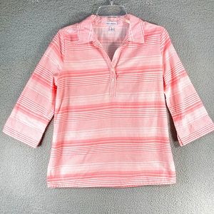 Rebecca Malone Popover Top Pink Stripe 3/4 Sleeve 100% Cotton Size Small